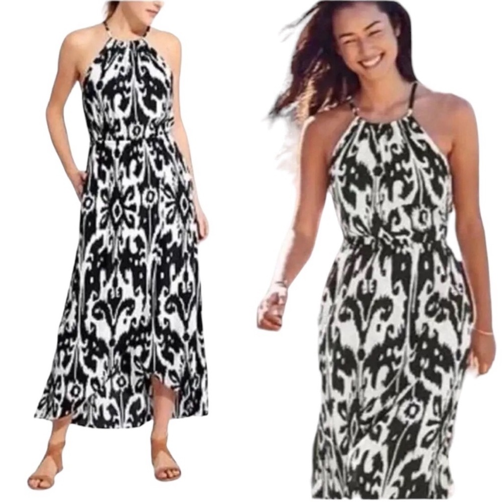 Athleta Black & White Ikat Bloom Ripple Maxi Dress